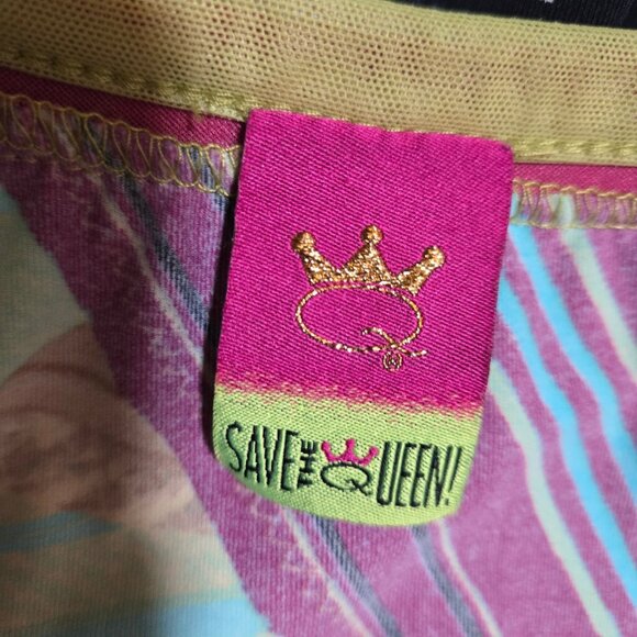 Vintage Save The Queen Top blouse size L Abstract Print Mesh Sleeves Stretch - Picture 11 of 13